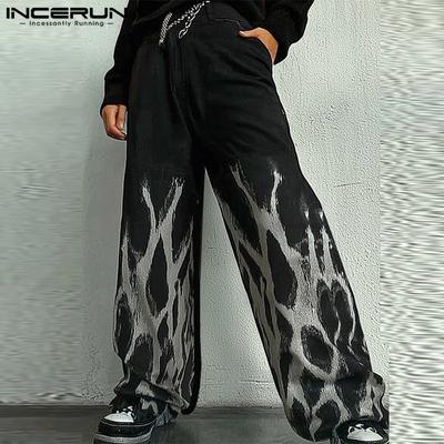 Men Zipper Waist Printing Casual Loose Long Straight Pants Trousers