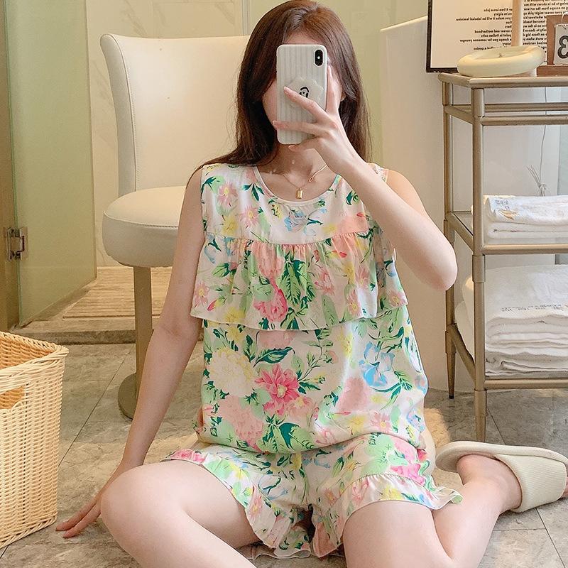 Anti-bumping Pajamas Women's Summer Vest Shorts Set Cotton and Silk Loungewear Can Be Worn Outside Loose Large Size Sweet and Cute