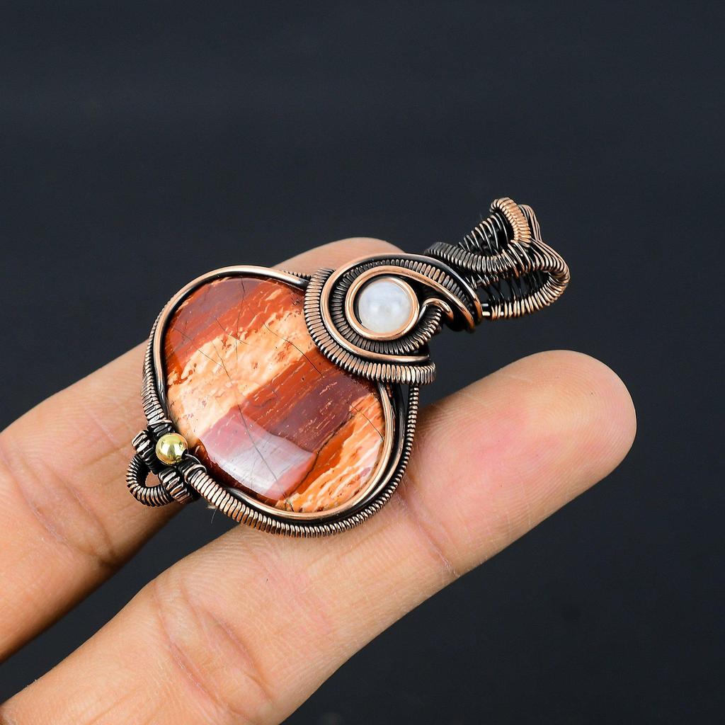 Red Snake Skin & Moonstone Pendant Gemstone Handmade Jewelry, 999 Copper Wire Wrapped Pendant, Gift For Wife Jewelry