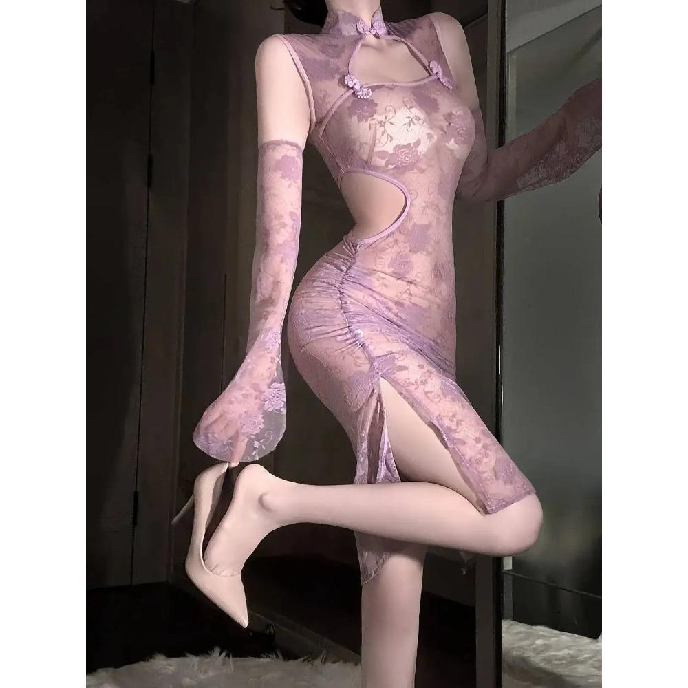 Sexy Lace Purple Dress Elegant Pure Desire Sleepwear Cheongsam Set Hot Girl Hollow Out See-through Women Mesh Lace Sheer 4G0R