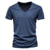 Summer Men's Solid Color Slub Cotton V-Neck Short Sleeve T-Shirt Pure Cotton Trendy Style