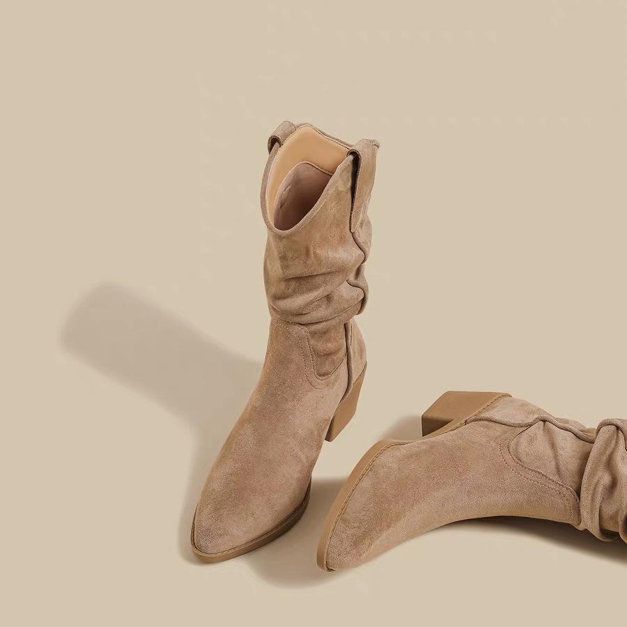 2025 Autumn and Winter New Thick-heeled Martin Boots Women's Retro Wasteland Wind Pleated Medium Boots High-heeled Suede Knight Boots