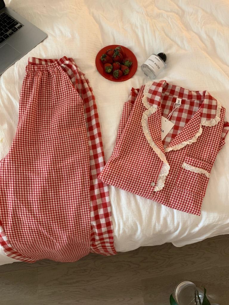 Dámské červené kostkované pyžamové soupravy Jaro Podzim Sladký Domov Ležérní S dlouhým rukávem Noční oblečení Módní Univerzální Vintage oblečení Měkké