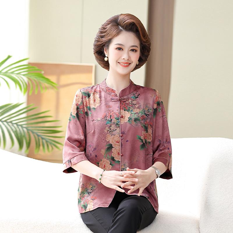 

Plus Size Silk Xiangyunsha Short-Sleeve Shirt for Middle-Aged and Elderly Women 3XL (recommended for 60-67.5 kg) рожевий