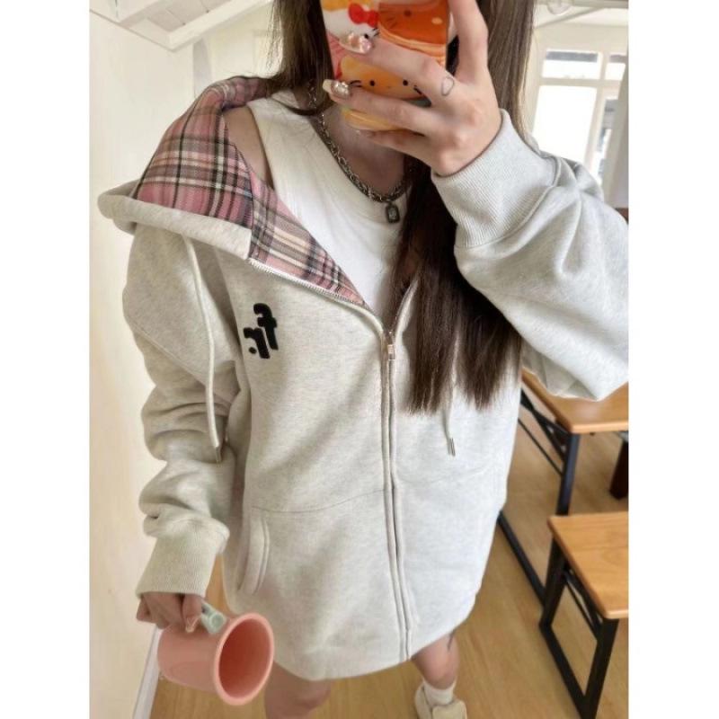 

Клетчатый кардиган с капюшоном Хуамянь: Искусственный хлопок, смесь молочного шелка, 280 г - Стильная корейская женская куртка Medium