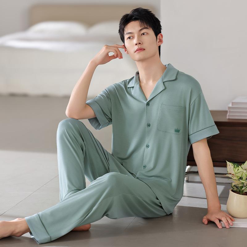 

Модальные пижамы мужские летние тонкие прохладные с коротким рукавом и брюками мужской свободный костюм для дома большого размера из лиоцелла 4XL