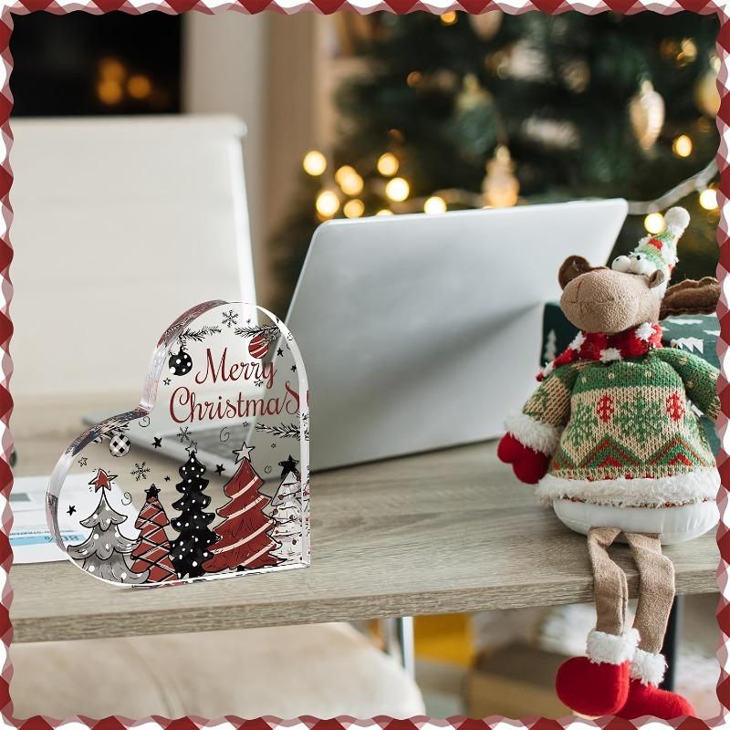 2D Flat, "Merry Christmas" Heart-Shaped Acrylic Christmas Desktop Decoration, Festive Trees and Snowflakes, Suitable for wall decoration, porch, room,