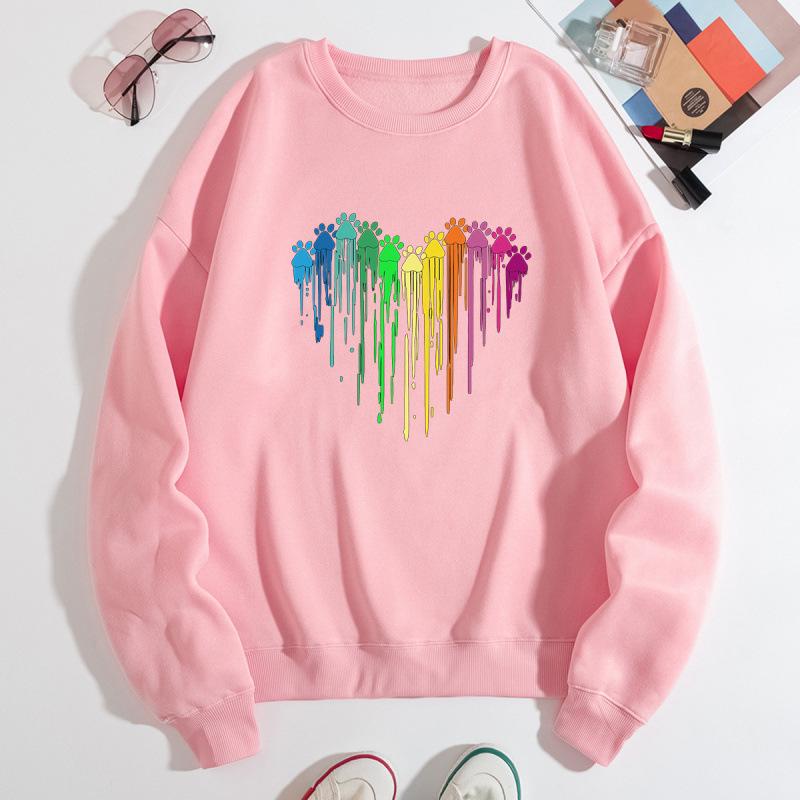 European and American Women's Colorful Heart Shape Loose Hoodie - Plus Velvet, Round Neck, Long Sleeve.