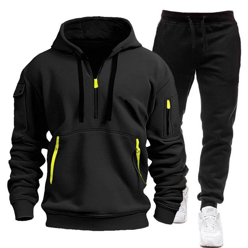 Autumn and winter men s sweater hoodie zipper multi-pocket jumper men s suit sports and leisure suit S чёрный