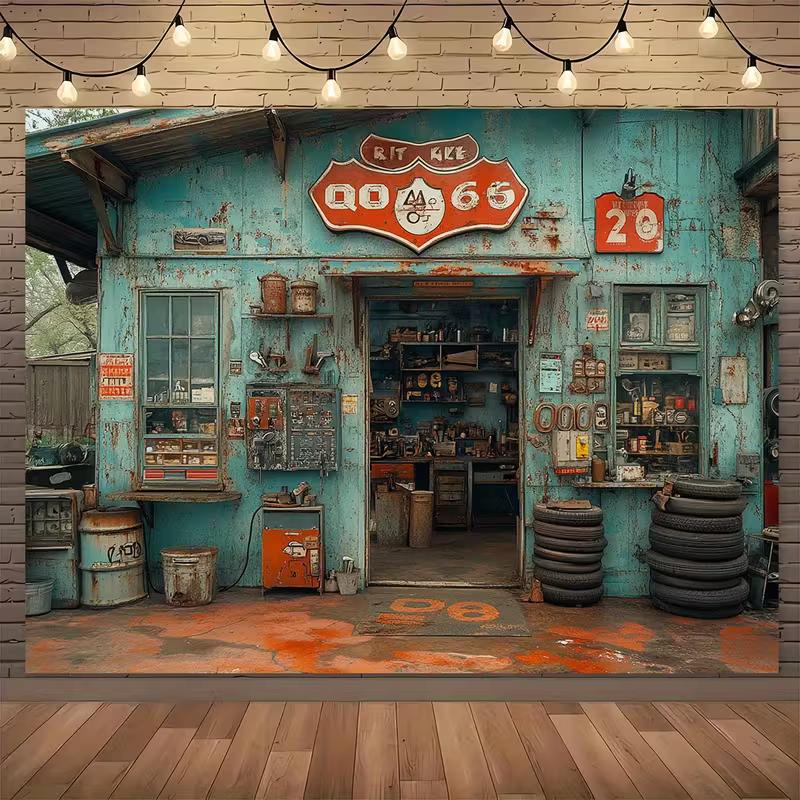 

Vintage Route 66 Auto Repair Shop Backdrop Retro Gas Station Photo Booth Background 47.2x31.5inch/120*80cm