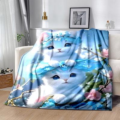1pc Blue Floral Cat Print Blanket Home Decor, Couch Throw, Outdoor Blanket .W073