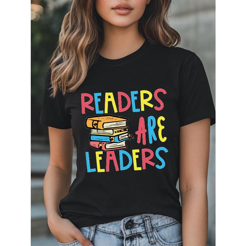 Womens Oversized Black T-Shirt - Readers Are Leaders Book Graphic Print, Soft Breathable Fabric, Round Neck Short Sleeve Casual Top, S чёрный