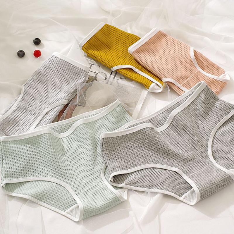 2Pcs/Set Women Cotton Waffle Grid Panties Fashion Solid Low Waist Briefs Female Korean Style Underwear Soft Breathable Lingerie