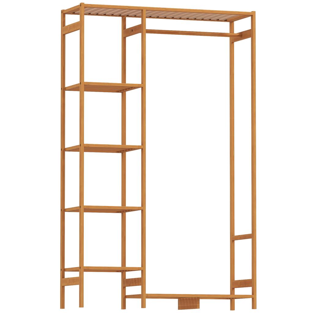 Bamboo Coat Rack with 6-Tier Shelving and Hanger Bar, 90x30x145cm, Natural Wood