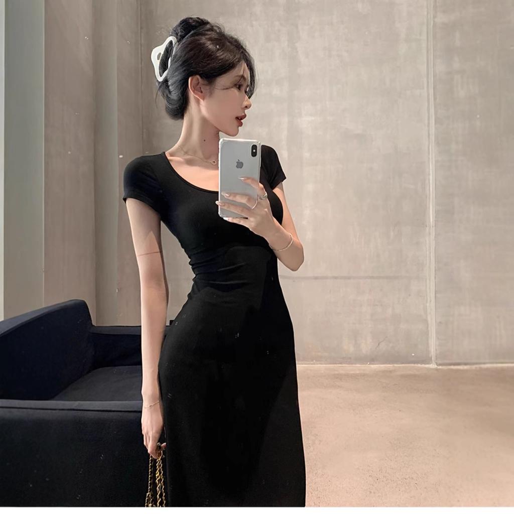 Black Dress Women's Summer New Long Dress Temperament Coffee Break French Waist Thin Hip Skirt