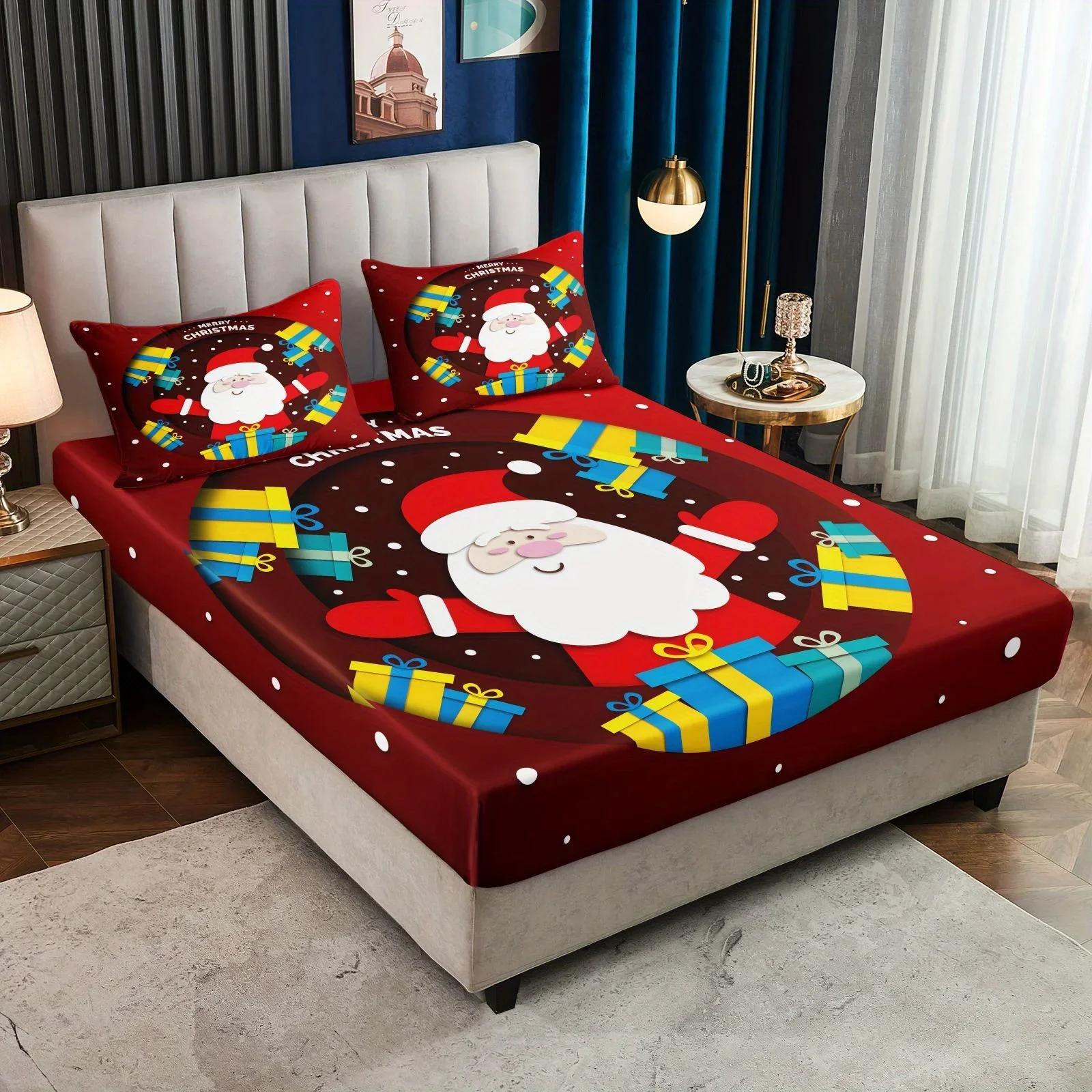 

Рождественский подарок Набор простыни и наволочек с цифровым принтом Санта-Клауса, Полиэстер с пескоструйной обработкой, Простыня на резинке с глубоким карманом 30-34 см 90x200cmx25