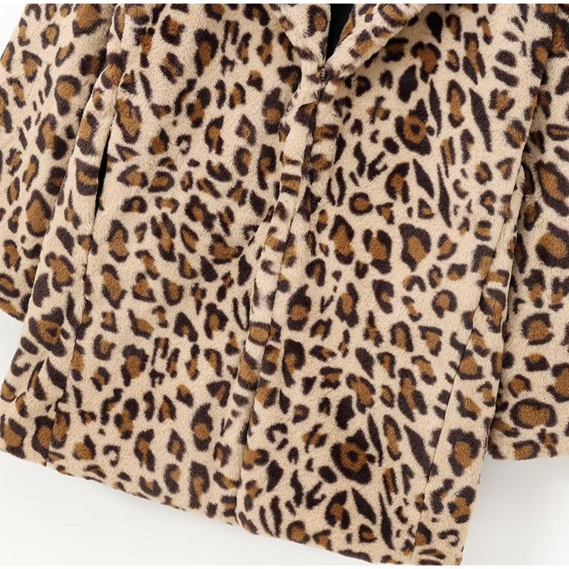 Volné kabáty z umělé kožešiny s leopardím potiskem Ženy Vintage Kožešiny s klopou Kapsa tlustší Podzim Zima Módní Dámský kabát