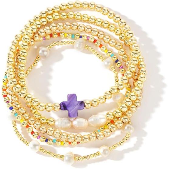 14K Gold Plated Pearl Beaded Cross Bracelets Stack Set for Women,Stretch Boho Colorful Christian Beads Ball Jewelry Friendship Summer Trendy Gift