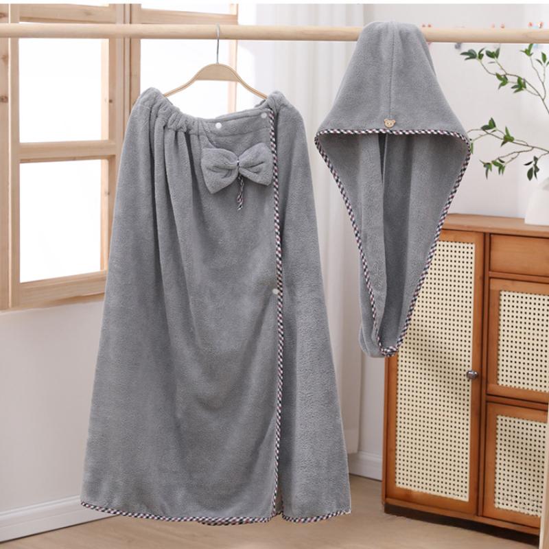 Damen-Bademantel-Set mit niedlicher Schleife, schnell trocknend, Spa-Wraps und Duschhaube