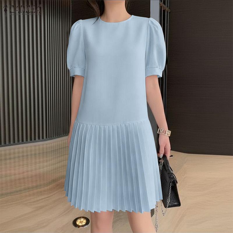 ZANZEA Women Casual Round Neck Solid Color Short Sleeve Pleated Dress