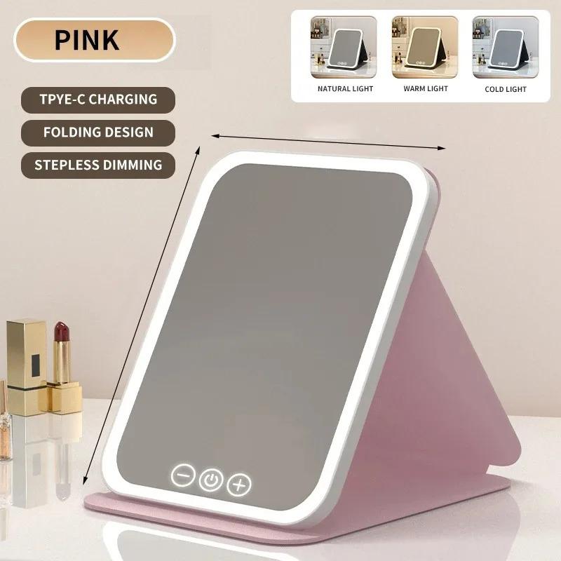 

3 Colors LED Vanity Mirror with Touch Screen USB Rechargeable Dimming Makeup Mirror 3 Brightness Portable Fold Mirror Tabletop Small розовый