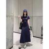 Kumikumi Design Sense Pleat Polo Collar Short Sleeve One Piece Dress Women Clothing Summer Retro Waist Hugging A- Line Skirt Long Dress