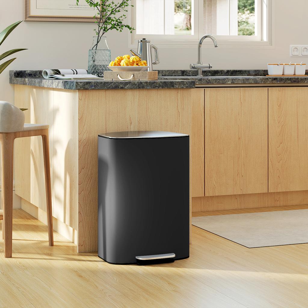 Trash Can Kitchen 50 Liter Pedal Bin with Stay-Open Function, Soft-Close Lid, Pedal, Black