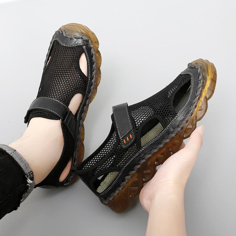 Men Outdoor Hiking Sandals Black Leather Closed Toe Grey Beach Shoes Wide Handmade Sandals Large Size for Father
