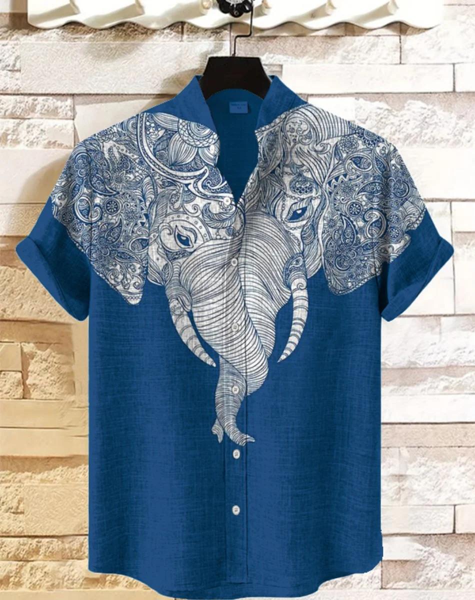 

Новая мужская рубашка с лацканами в стиле ретро, с этническим принтом в виде слонов, модная повседневная льняная модель с коротким рукавом, новинки в категории топов и футболок 3XL