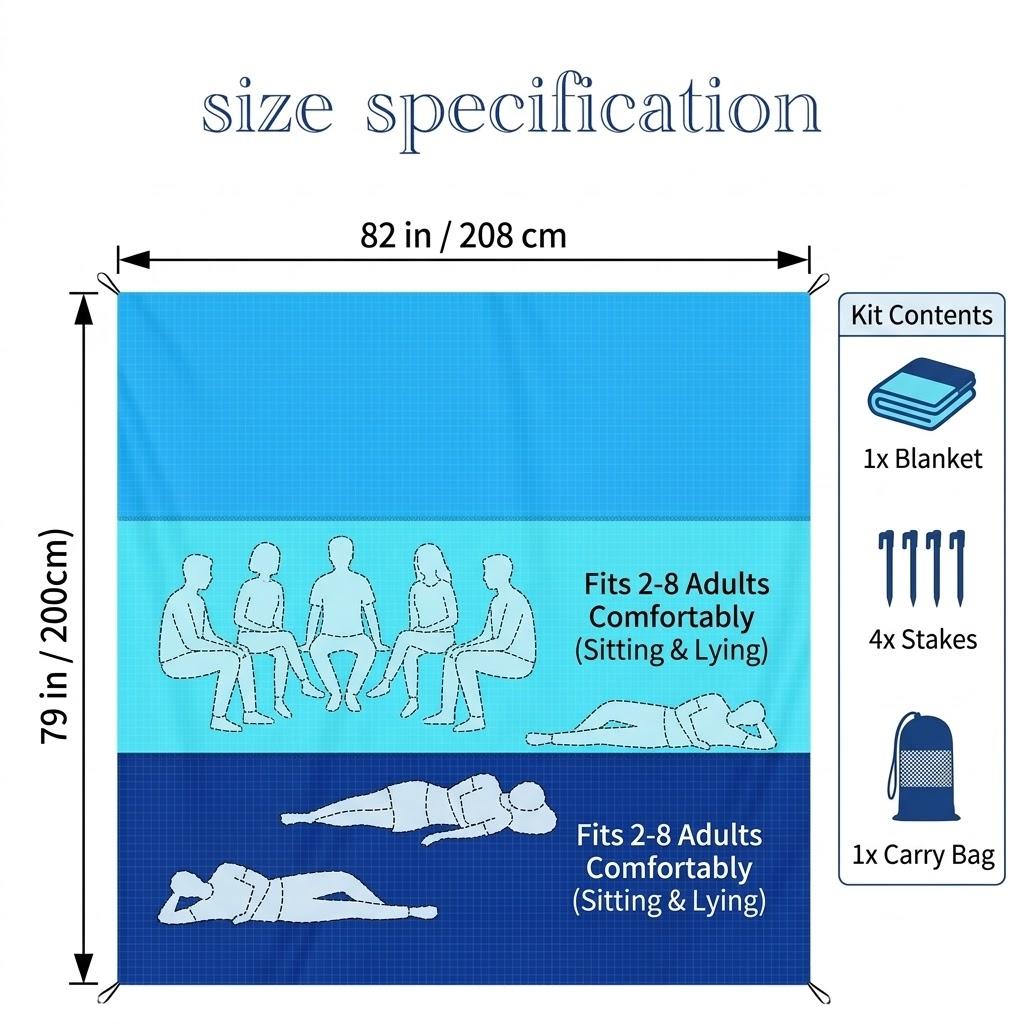 Oversized Beach Blanket Sand Free Water Resistant Ripstop Polyester Picnic Mat with 4 Stakes for 2-8 Adults Large Outdoor Rug