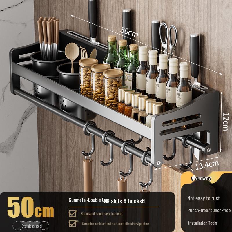 Gun Gray Stainless Steel Wall-Mounted Knife & Spice Rack – Punch-Free Kitchen Storage Solution