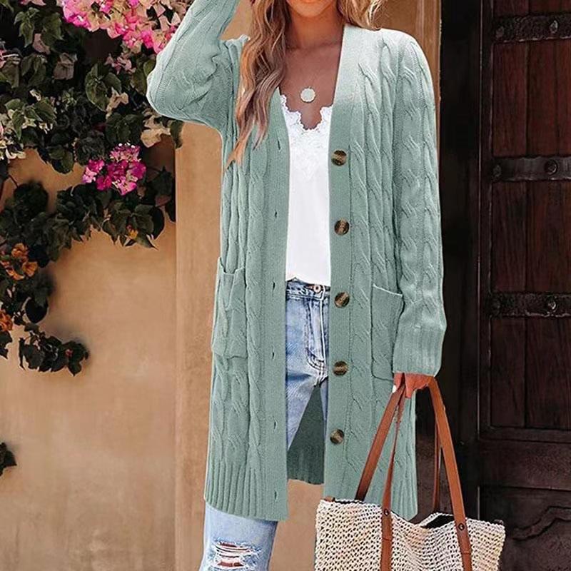 Solid Color Twisted Knit Long Cardigan with Single Buttons, New Vintage Style Pocket Sweater for Women, Suitable for Autumn And