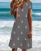 Women Short Sleeve V‑Neck A‑Line Midi Dress Anchor Print Casual Loose Summer Plus Size Beach Dress