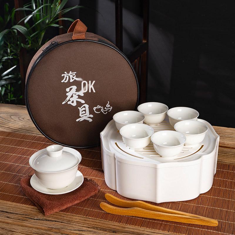 Portable Ceramic Kung Fu Tea Set with Tray, Cups, Teapot, and Lid Bowl