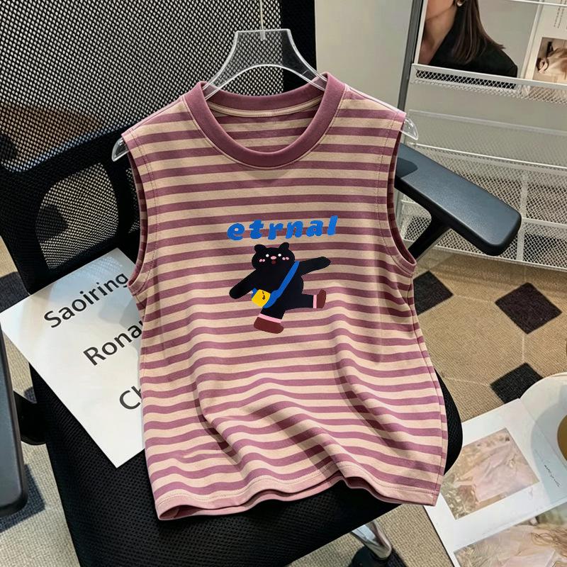 Girls' Cartoon Patchwork Stripe Sleeveless Tank Top (6-12 Years) - Summer 2026 Collection