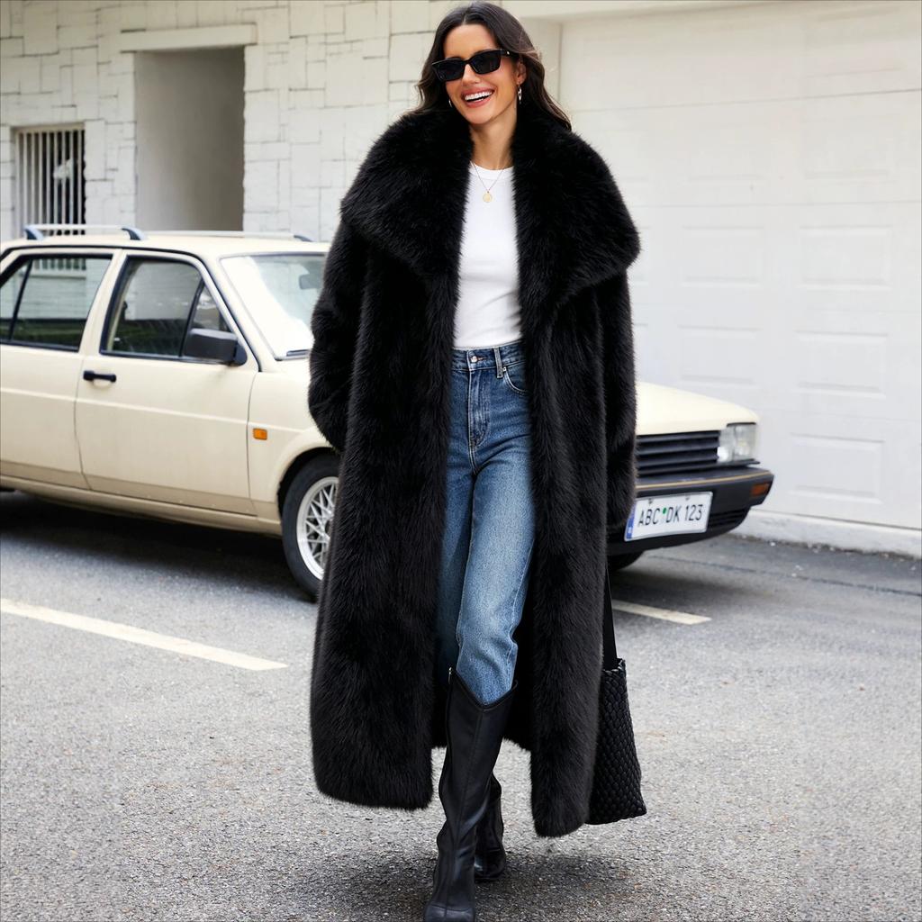 Shaggy Faux Fur Warm Maxi Overcoat for Women Luxury Lapel Open Front Fluffy Winter Parka Outwear Long Jackets Women's Long Sleeve Shawl Collar Coats