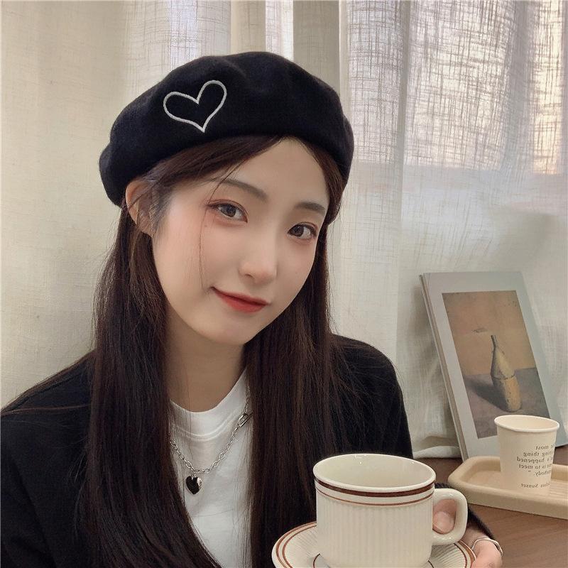 Winter Wool Beret Hat for Women Lady Love Heart Embroidery Warm Pumpkin Hats Ins Korean Girl Y2K Artist Painter Octagonal Caps