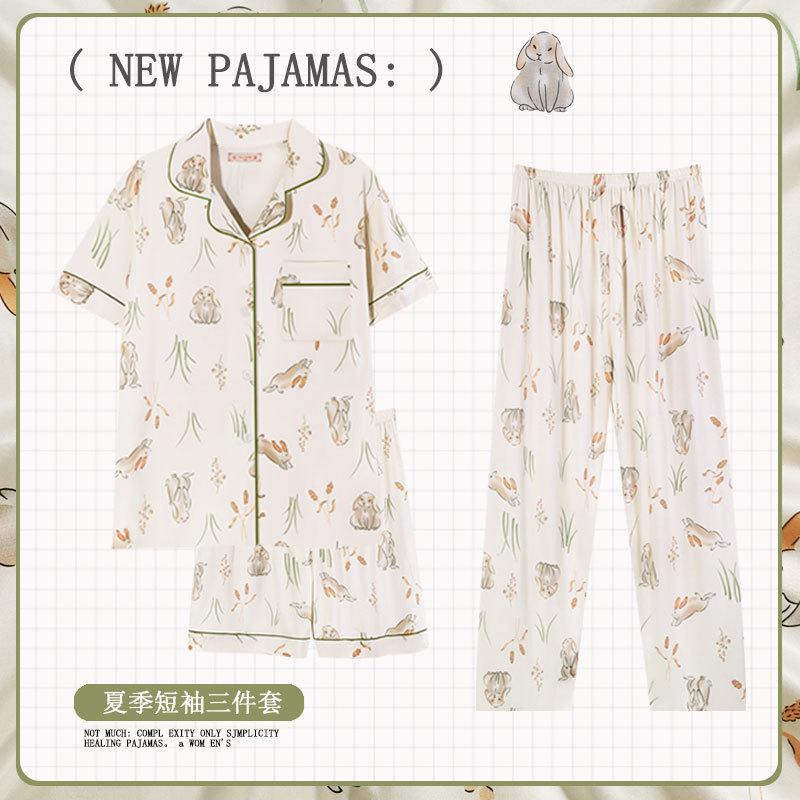 Soft Waxy Rabbit Pajamas Women's Japanese Milk Gentle and Cute Cartoon Girly Casual Short-sleeved Loungewear Three-piece Set