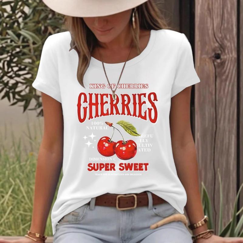 Damen Modisches Kurzarm Kirsch Sommer T-Shirt Top