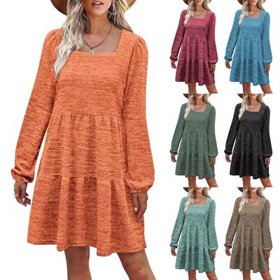 Women's Square Neck Color Fleece Long Sleeve Piece Dress