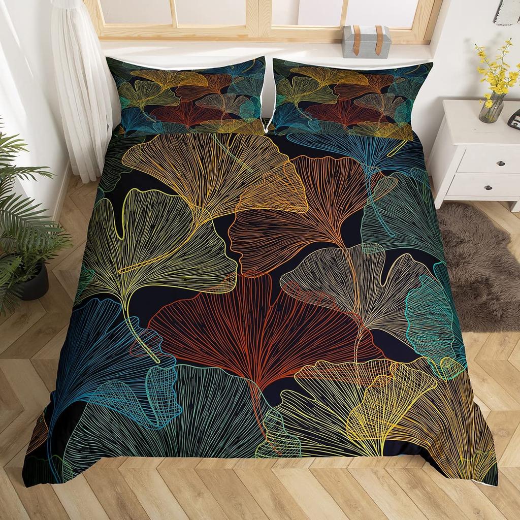 Ginkgo Leaves King Queen Duvet Cover Black Golden Ginkgo Biloba Leaf Bedding Set Botanical Quilt Cover Polyester Comforter Cover