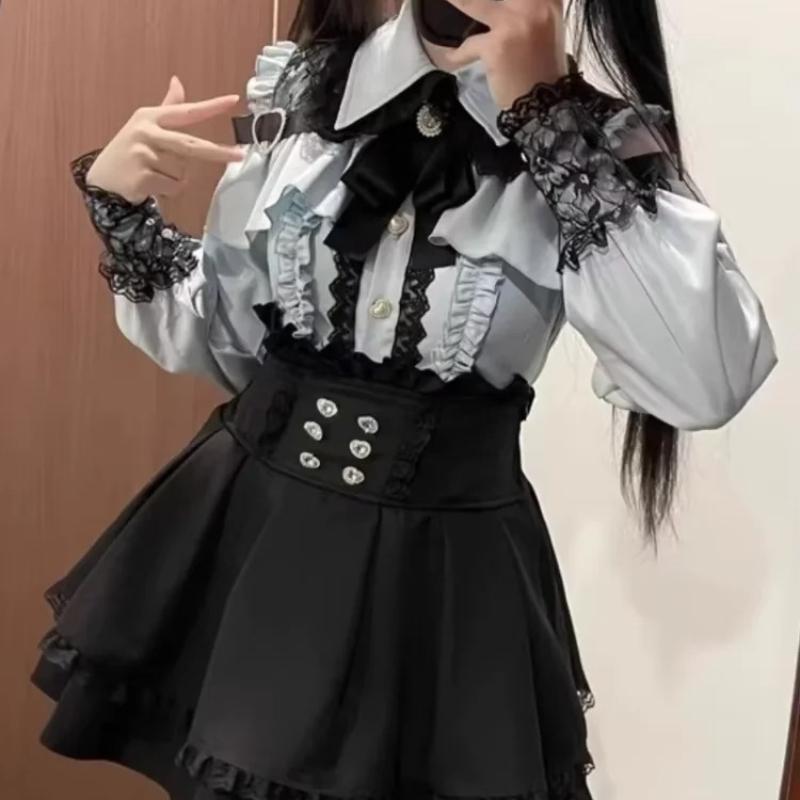 Japanese Y2 Aesthetics Vintage Bow Dress Shorts Set Women Gothic Lolita Style Long Sleeve Shirt Dress Elegant Party Dress Suits