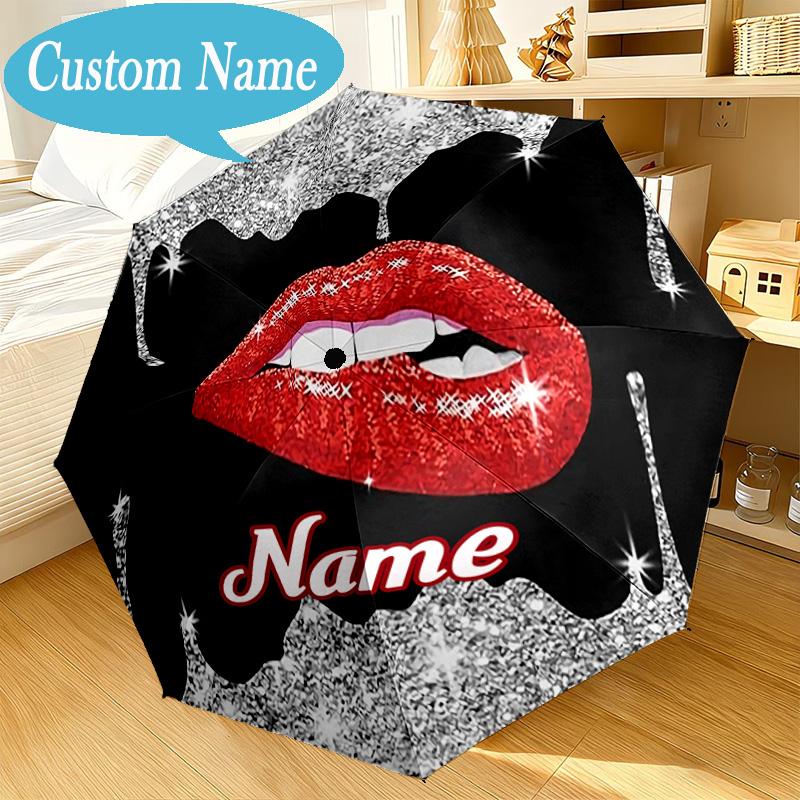 Custom Name Umbrella Red Lips Art Umbrella 8-Frame for Travel, Camping, Casual Lightweight Portable, Essential for Family Gifts