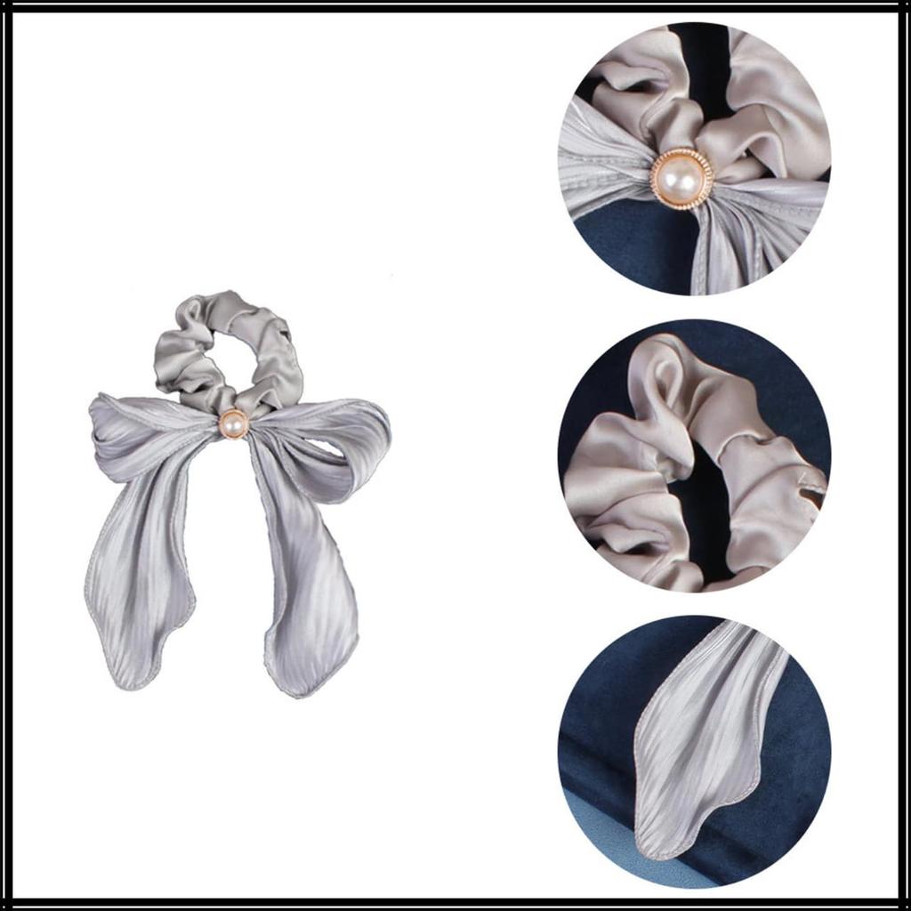 White Fang Ribbon Scrunchie Hair Tie Hair Accessory with Cute and Stylish for AZ569 Pearls, Women, (Beige)