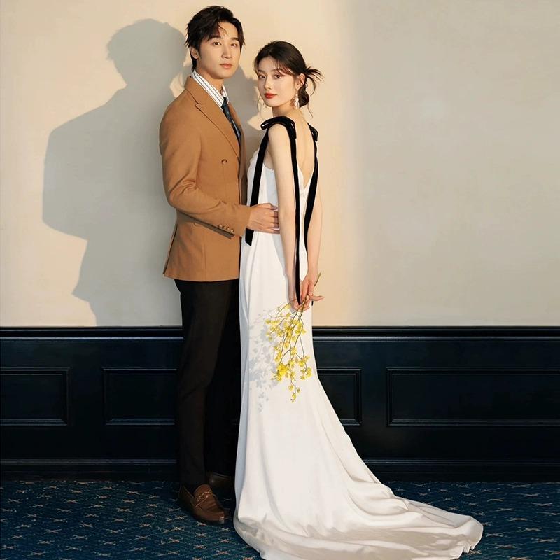 Suspender Light Wedding Dress 1011 New French Satin Bridal Travel Photography Welcome Out Wedding Dress Small Trailing Backless Dress