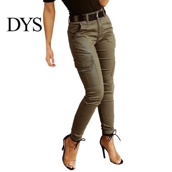 Casual Women Pants Cargo Pure Color Mid-rise Button Zipper Closure Trousers Multi Pockets Design Elastic Cuffs Long Comfortable