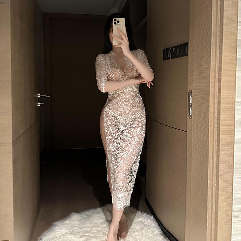 Sexy lingerie lace open women's pajamas passion perspective outfit hot split uniform hollow temptation