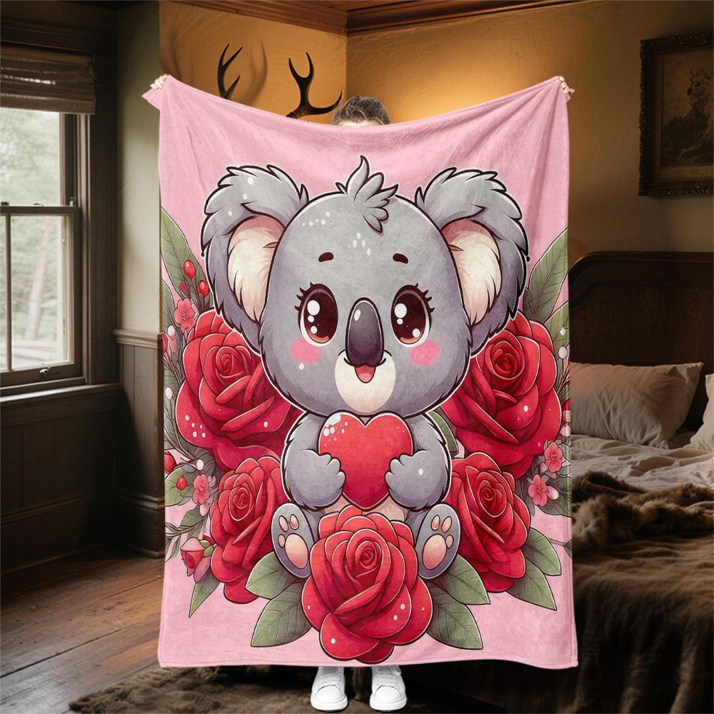 1pc Koala Heart Outdoor Flannel Blanket Soft Warm All-Season Throw for Sofa Bed Car Camping Office, Cozy Gift Idea1322S