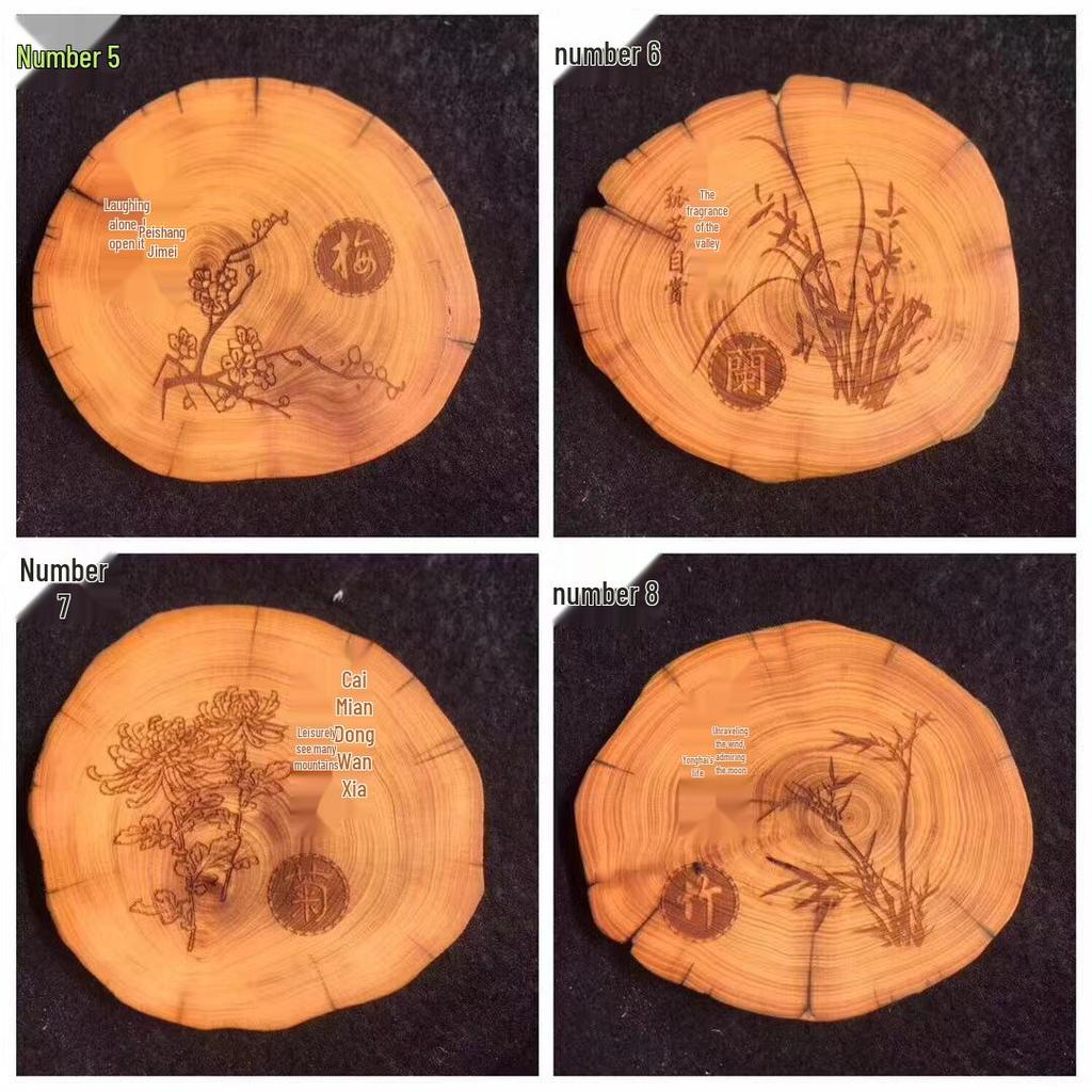 Chinese Solid Wood Cypress Carved Coaster - Cultural Craftsmanship