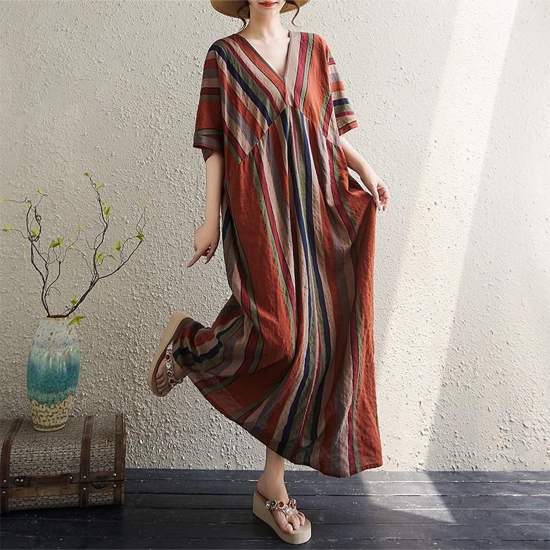 Short Sleeve Plus Size Cotton Vintage Stripe New In Dresses for Women Casual Loose Long Summer Dress
